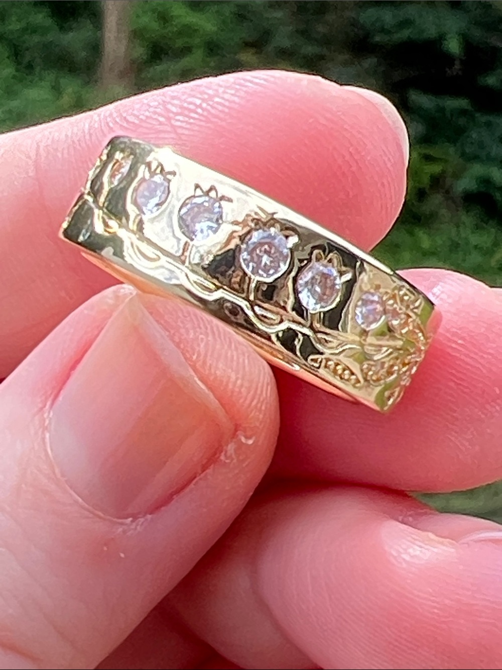 Vintage Style 14k Gold Plated Faux Diamond Lily of the Valley Floral Band Ring